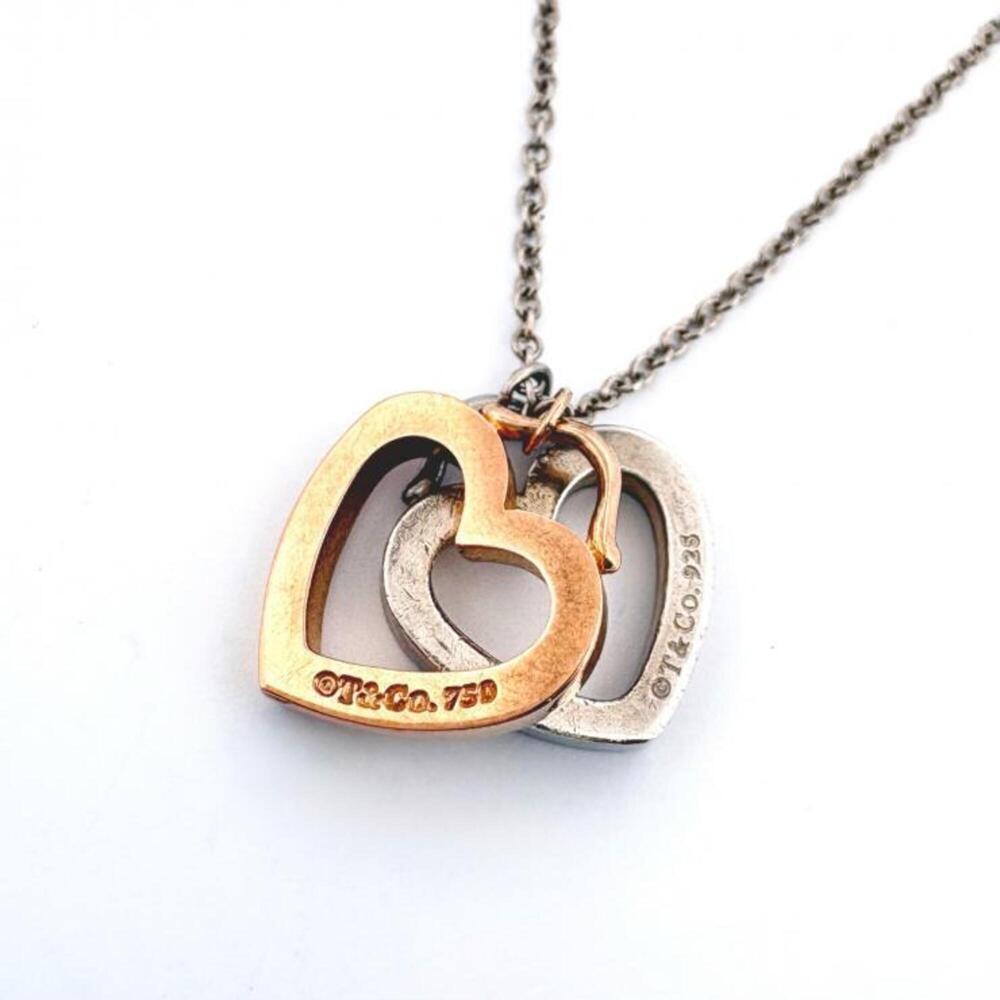 Tiffany & Co. K18PG Sentimental Double Heart Necklace, Silver and Pink Gold (...